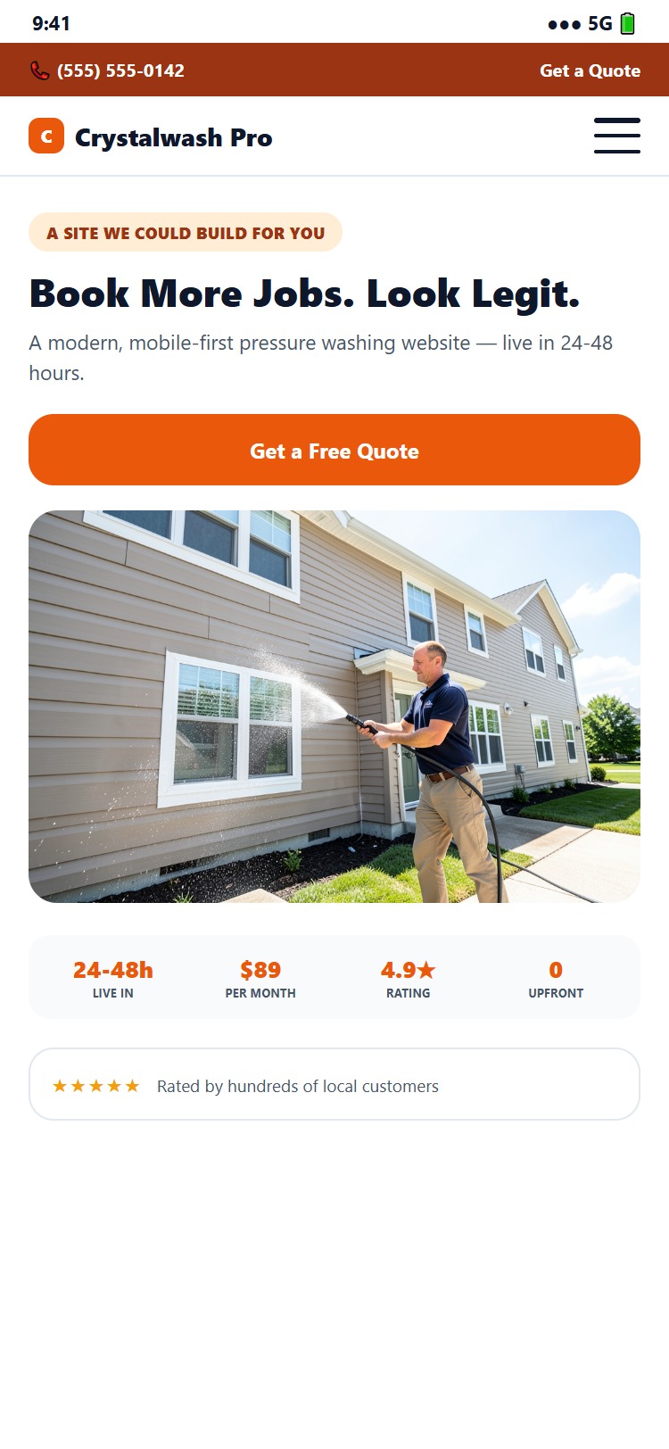 Mobile view of the same example pressure washing website